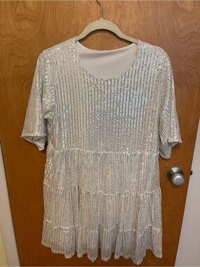 Silver Sequin Short Sleeve Tiered Tunic
